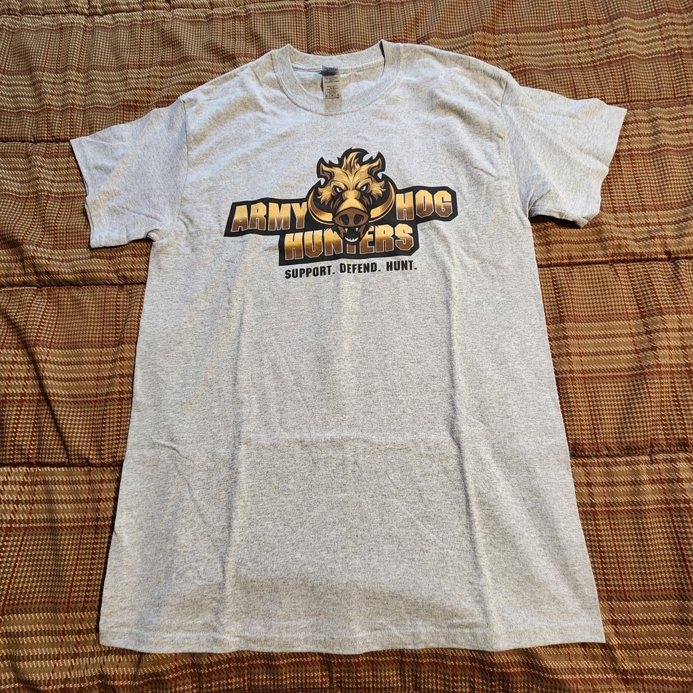 Army Hog Hunters Graphic T-Shirt Med Mens Grey Double Sided Gildan Ultra Cotton